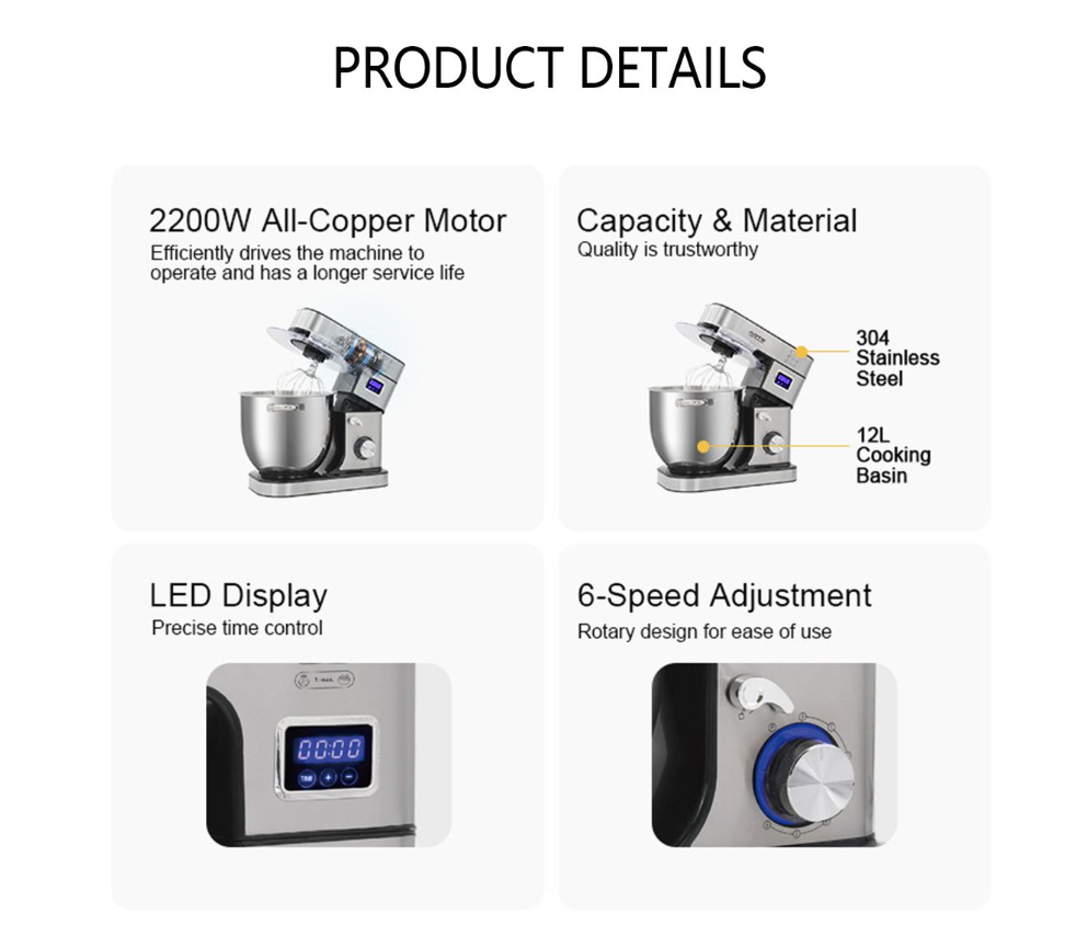 AOTE 2200W 12L Kitchen Electric Stand Mixer With Bowl,Dough Mixer For Cake