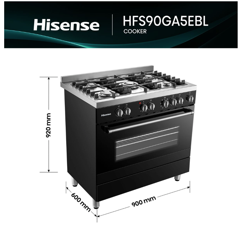 Hisense 90cm 5 Burner Gas/Electric Stove - Black