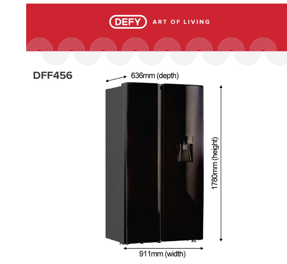 Defy DFF456 91cm 496L Side by Side Fridge Freezer No Frost with Water Dispenser Mirror Black GlassExample product
