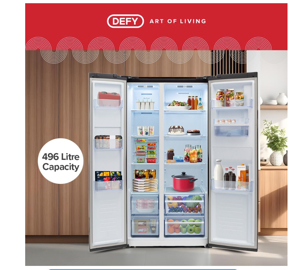 Defy DFF456 91cm 496L Side by Side Fridge Freezer No Frost with Water Dispenser Mirror Black GlassExample product